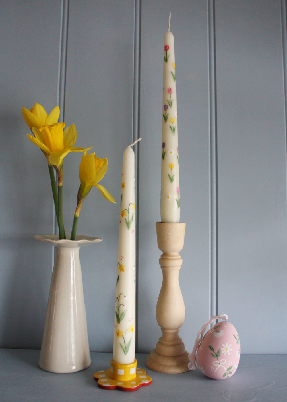 Hand Painted Tulips and Daisies Candle