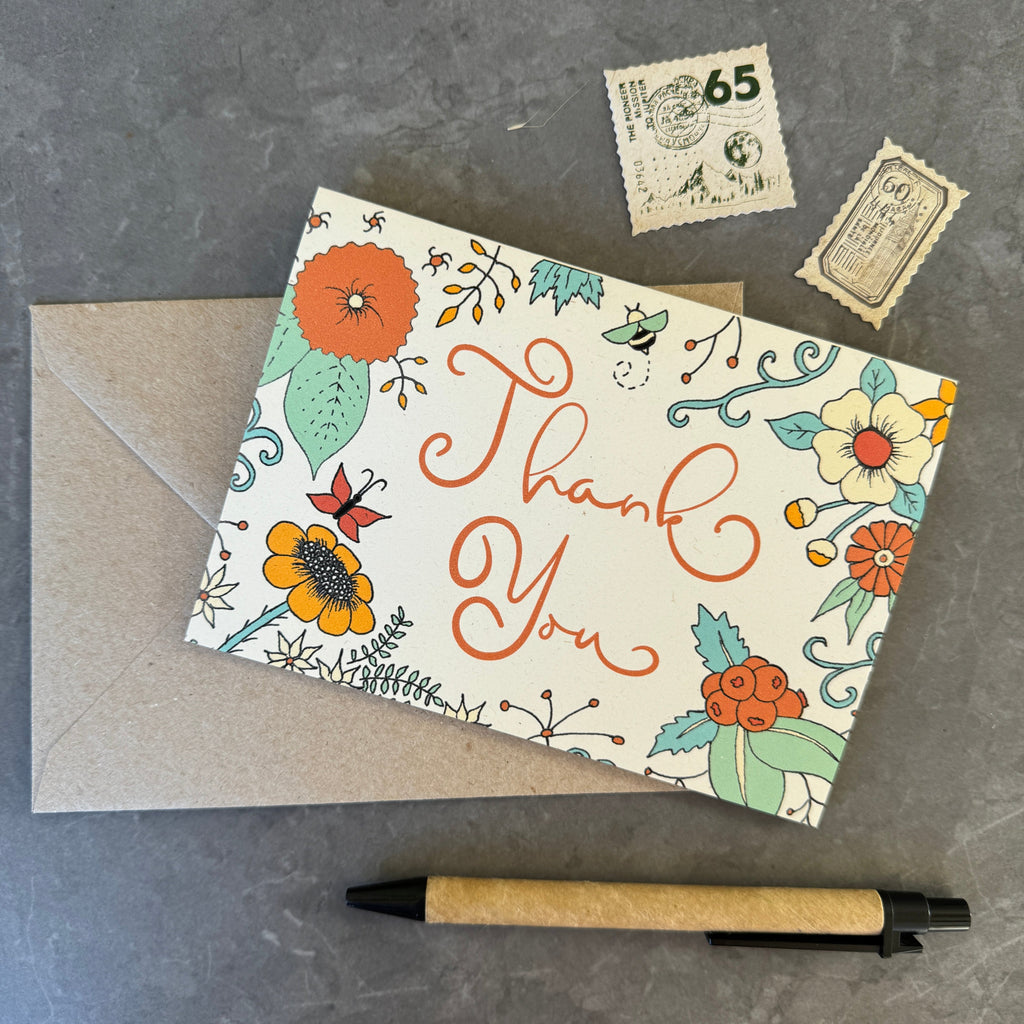 Thank You Note Card Set Orange Florals