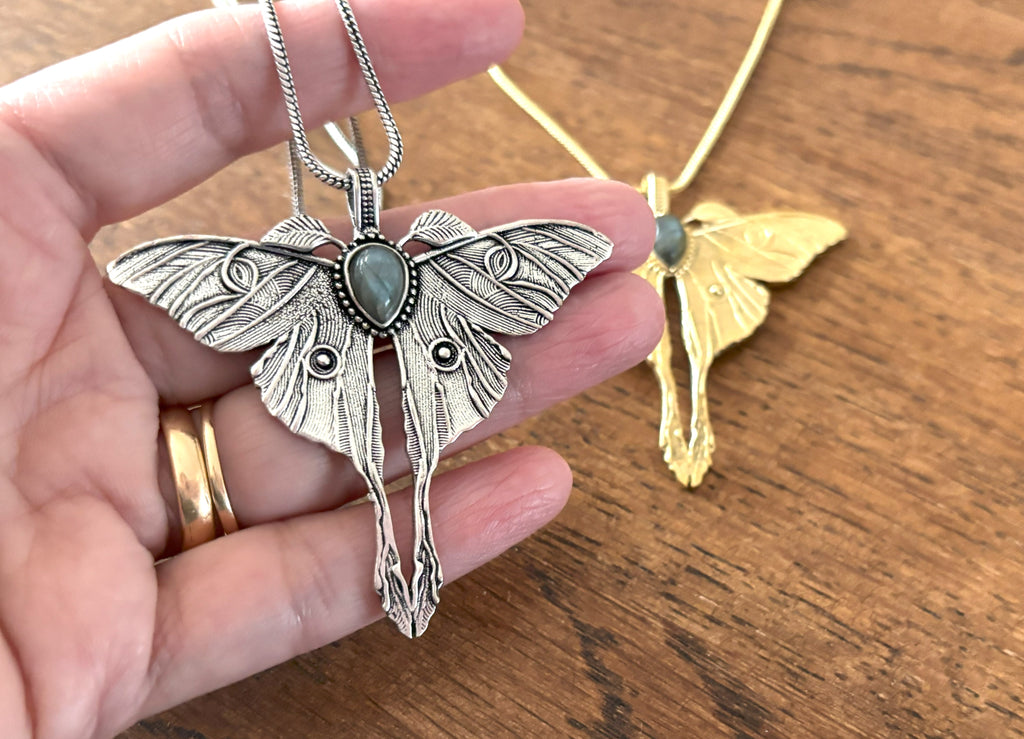 Gold and Silver Luna Moth Necklace with Labradorite and Moonstone