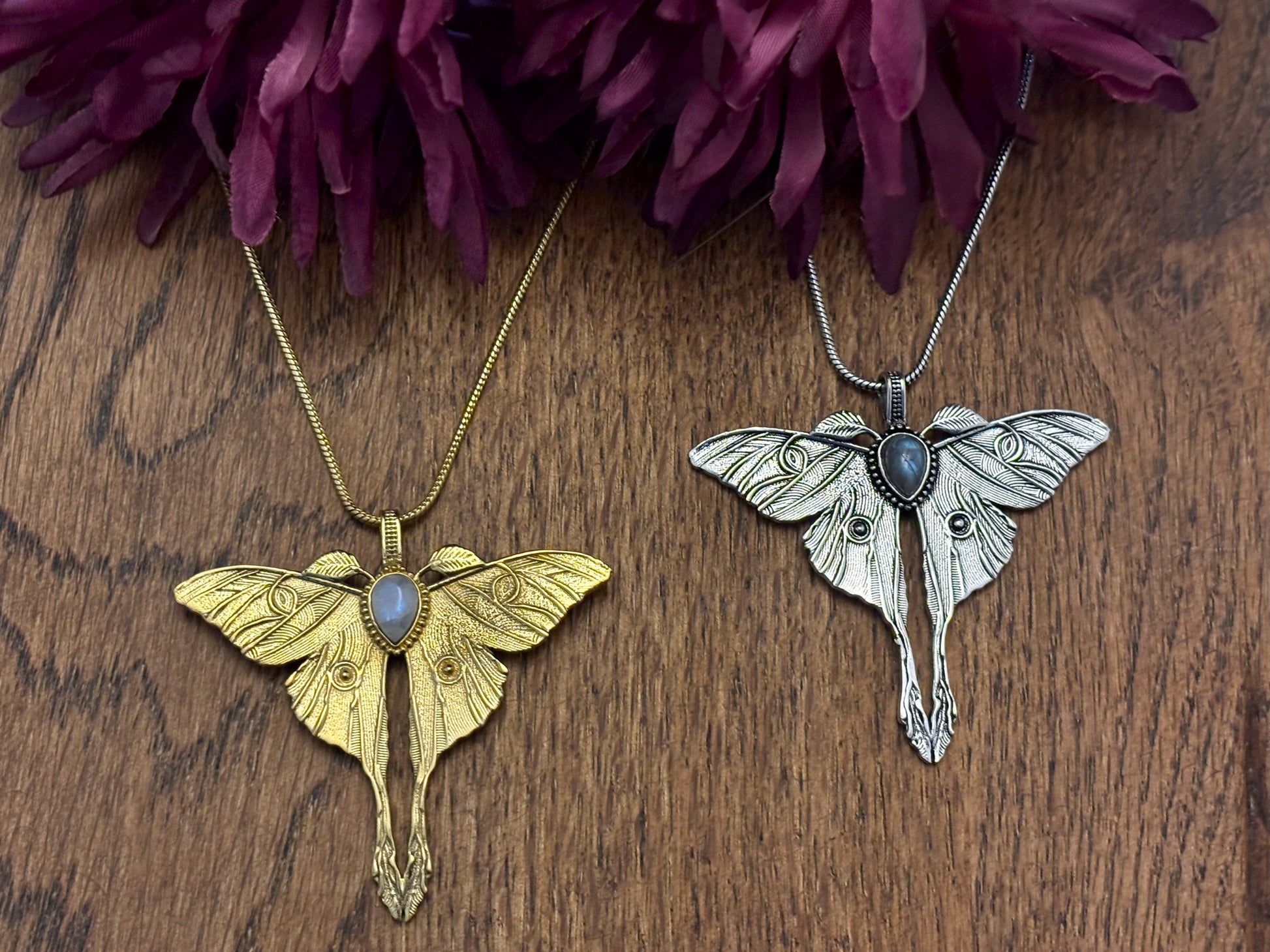 Gold and Silver Luna Moth Necklace with Labradorite and Moonstone