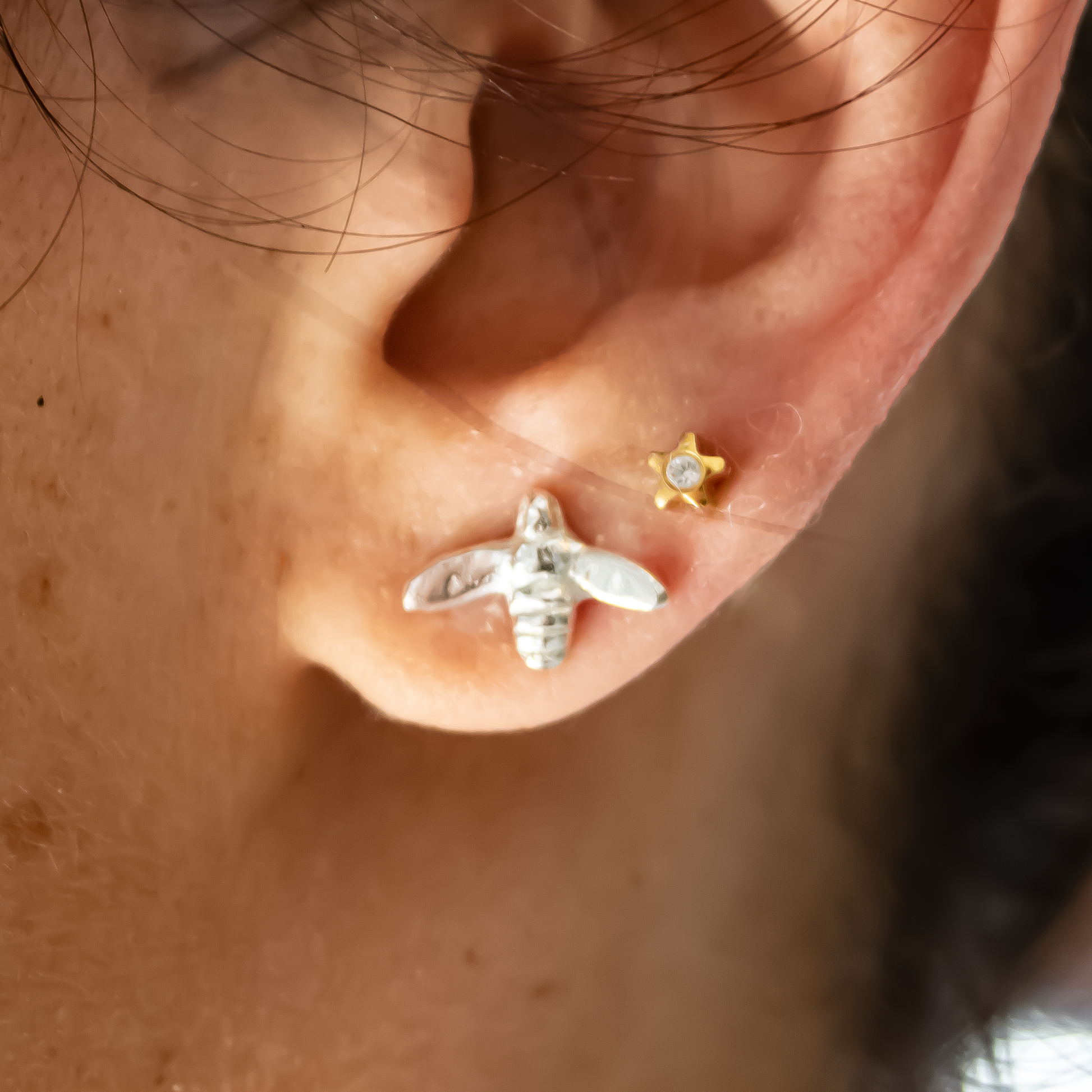 Handmade Honey Bee Studs in Sterling Silver