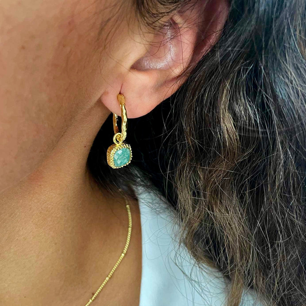 Square Amazonite Gemstone Charm Hoops in Gold