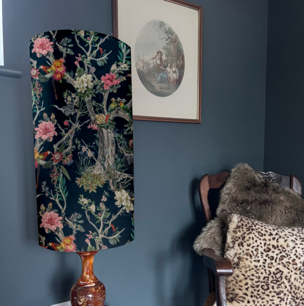 Birds velvet cylinder lampshade, in midnight, extra tall lampshade