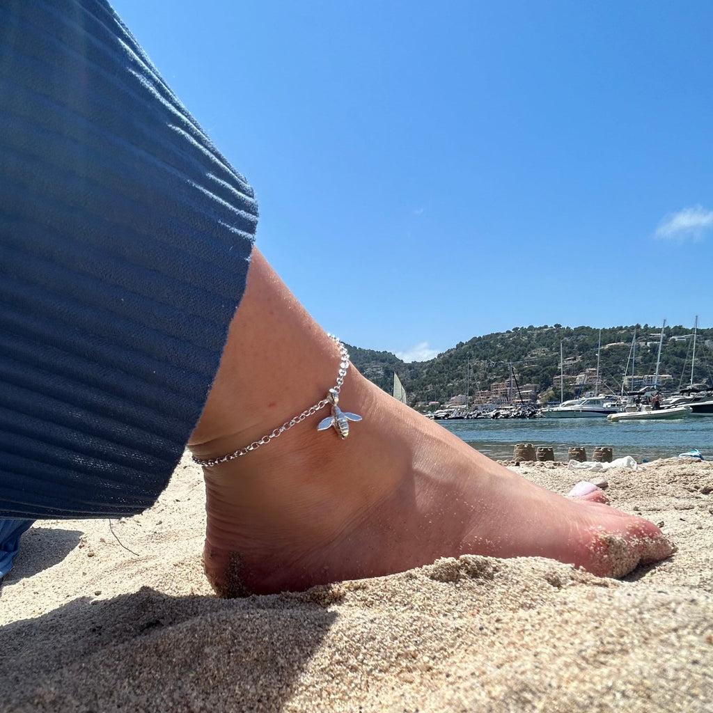 Honey Bee Chain Anklet in Sterling Silver