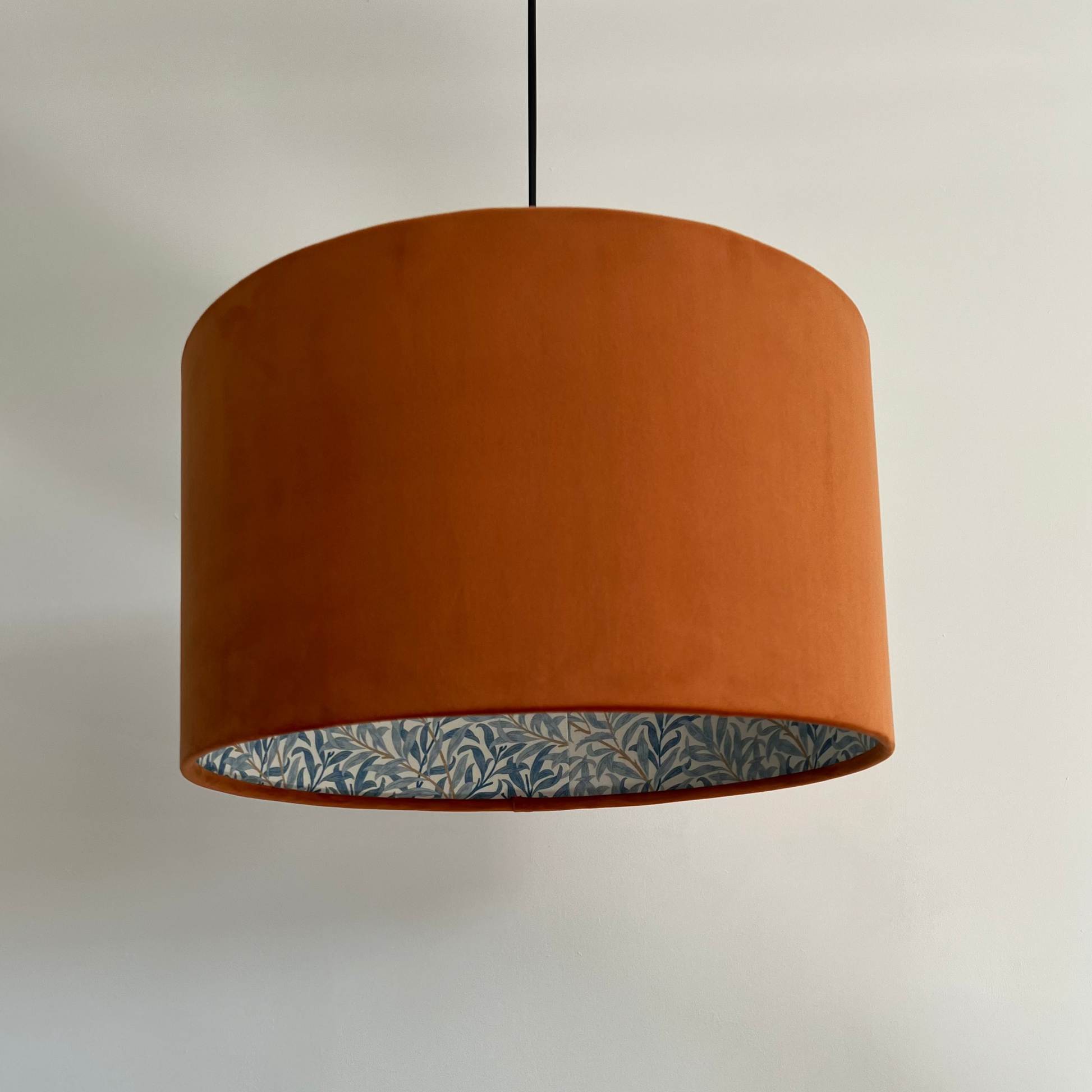 Burnt orange velvet drum lampshade, double sided lampshade, with William morris blue leaves cotton interior