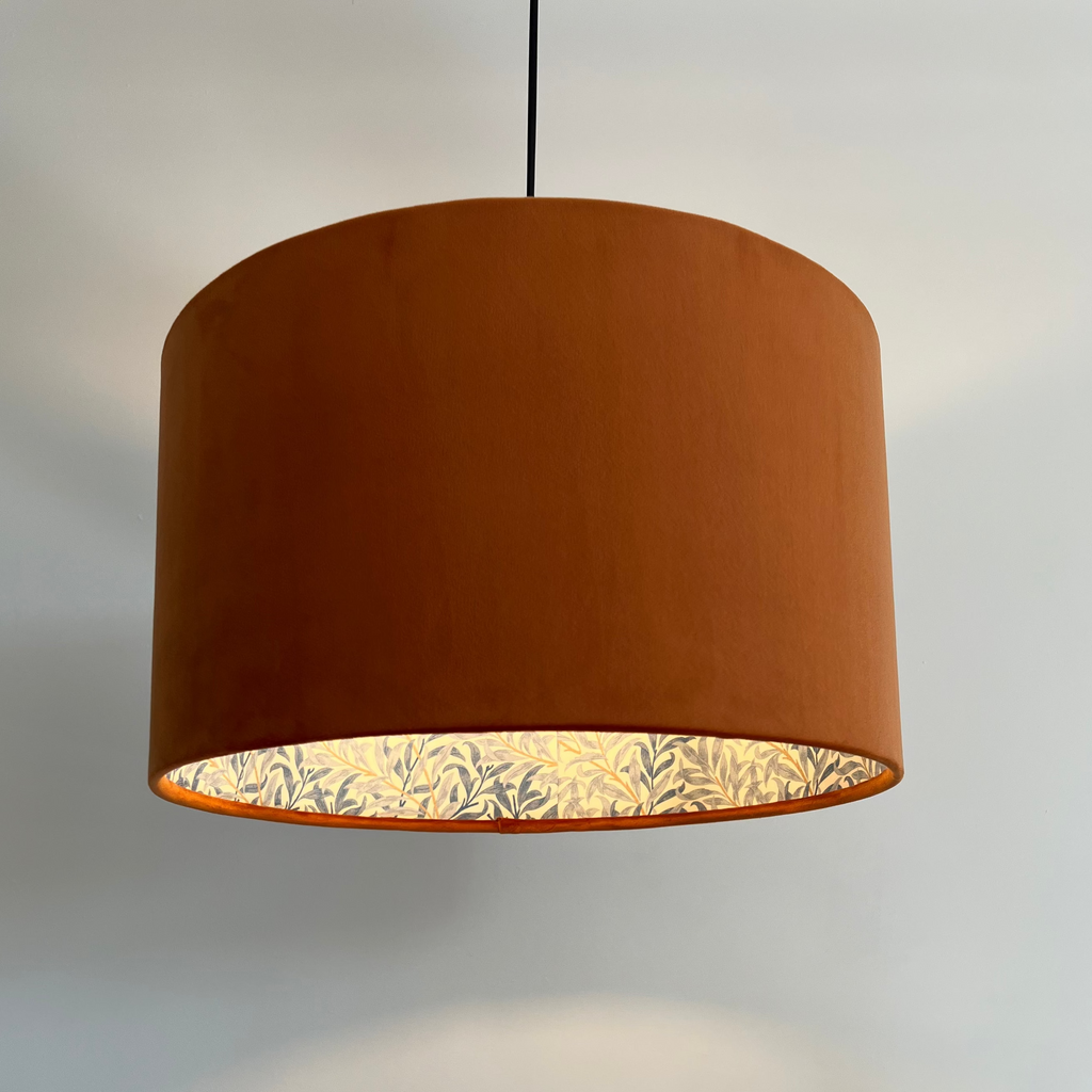 Burnt orange velvet drum lampshade, double sided lampshade, with William morris blue leaves cotton interior