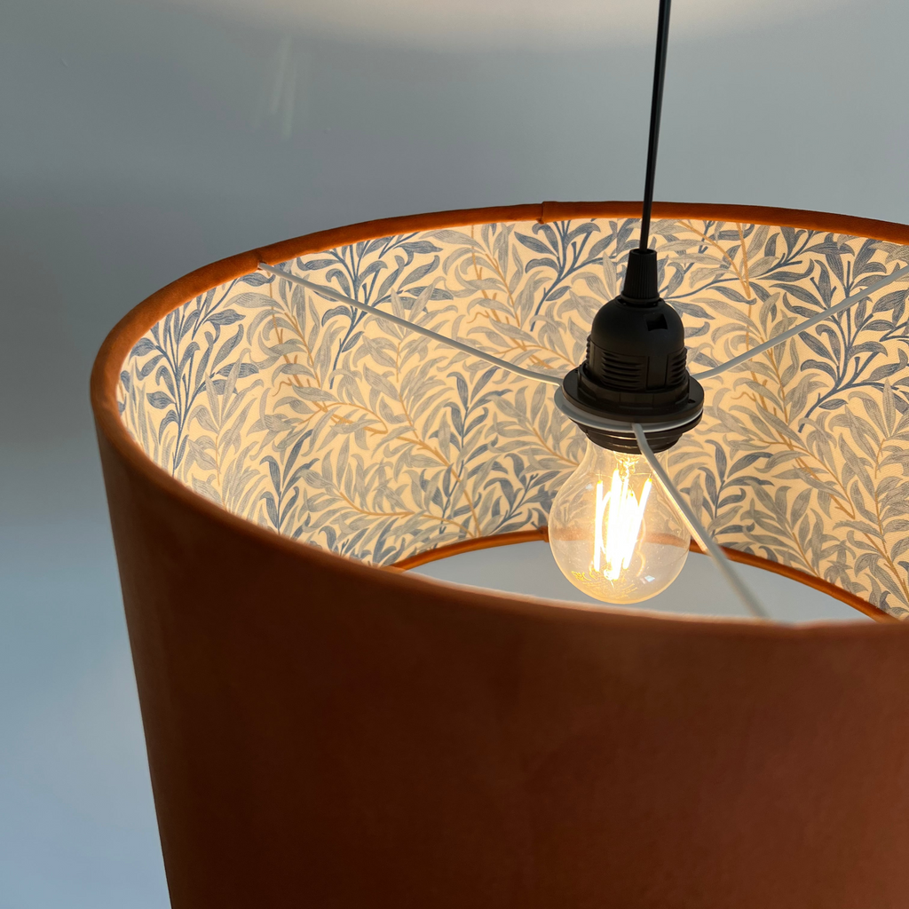 Burnt orange velvet drum lampshade, double sided lampshade, with William morris blue leaves cotton interior