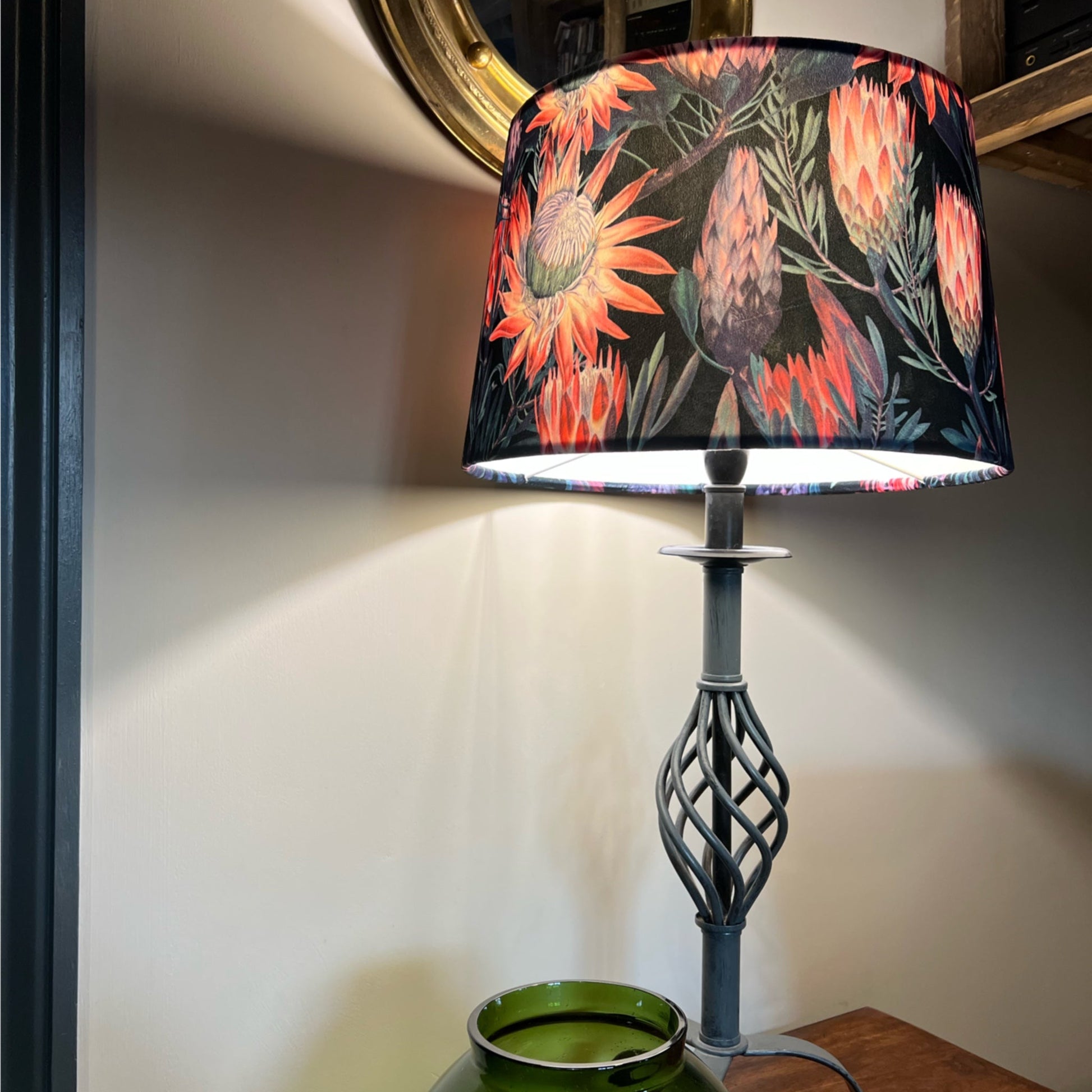 Black and pink botanical velvet french drum lampshade/ ceiling light shade, empire lampshade