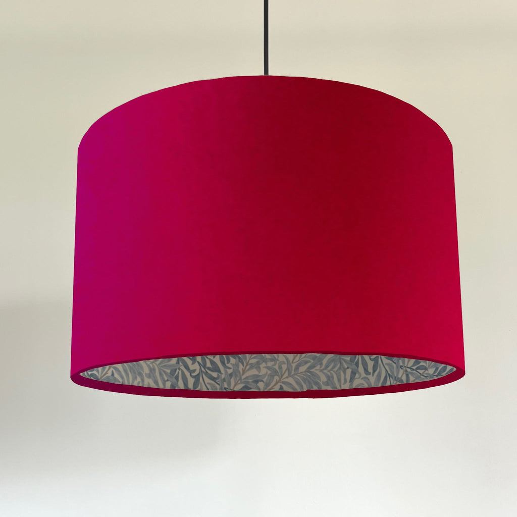 Cerise pink velvet drum lampshade, double sided lampshade, with William Morris blue leaves cotton interior