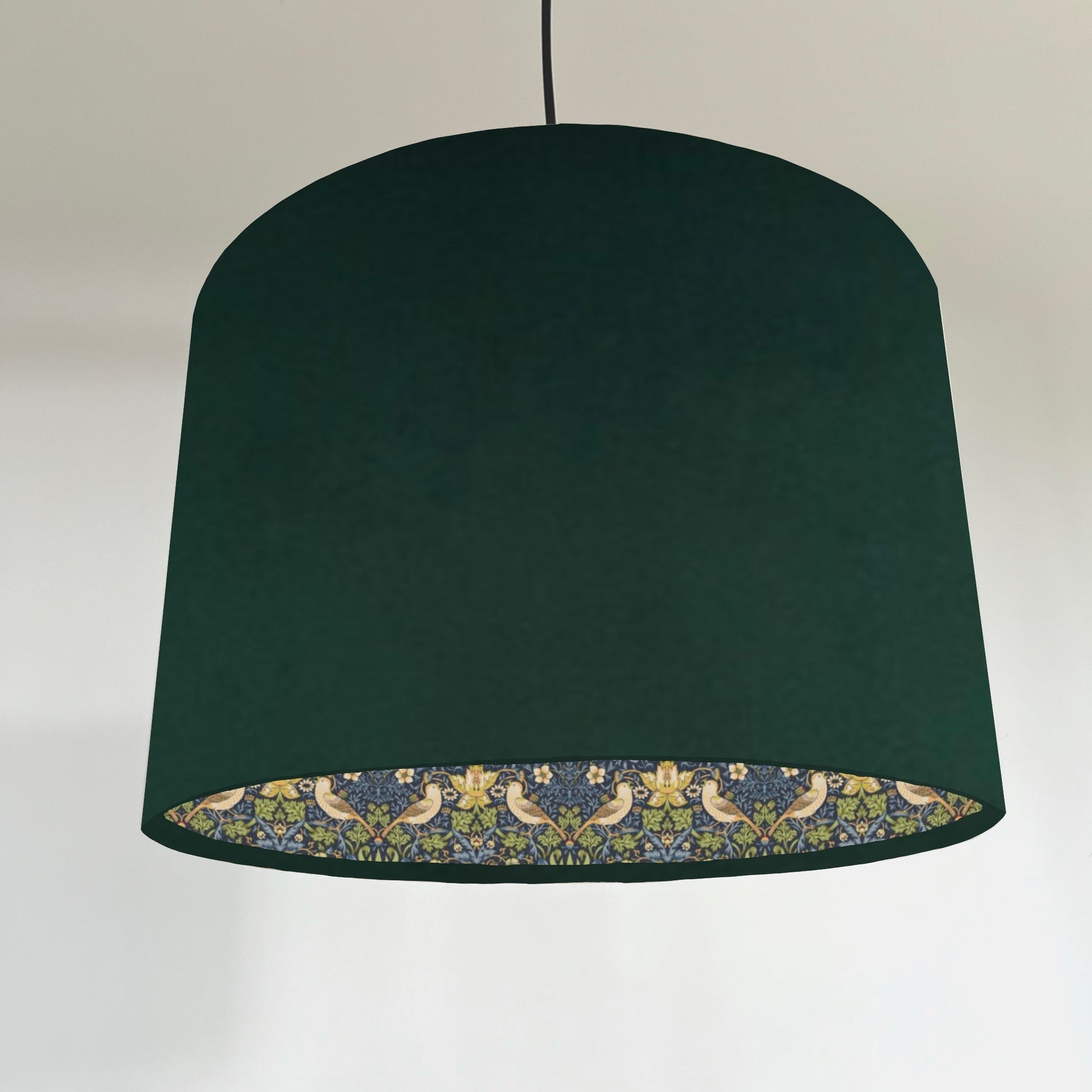 Green velvet drum lampshade, double sided lampshade, with navy strawberry thief cotton interior