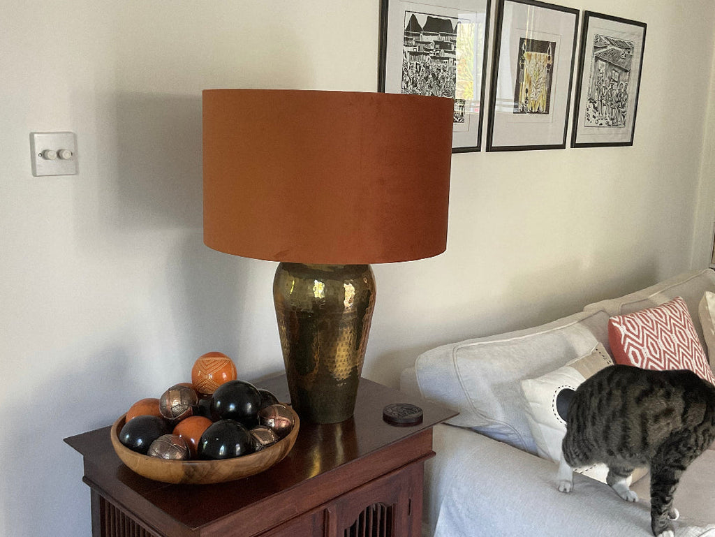 Burnt orange velvet drum lampshade/ ceiling light shade with royal blue cotton interior