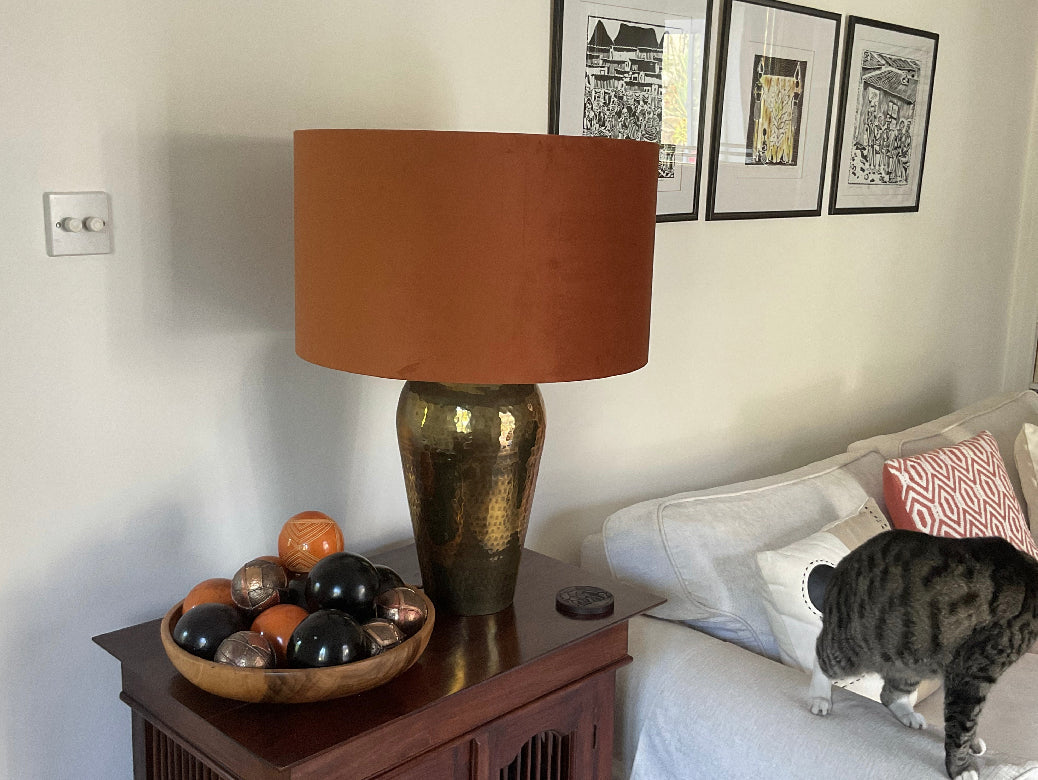 Burnt orange velvet drum lampshade/ ceiling light shade with royal blue cotton interior