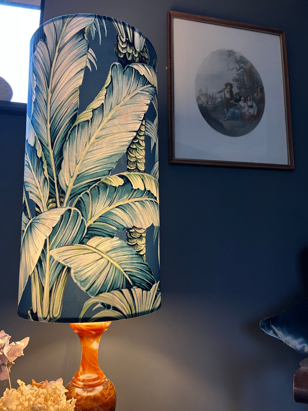 Tripura midnight Leaves Velvet cylinder lampshade, extra tall lampshade