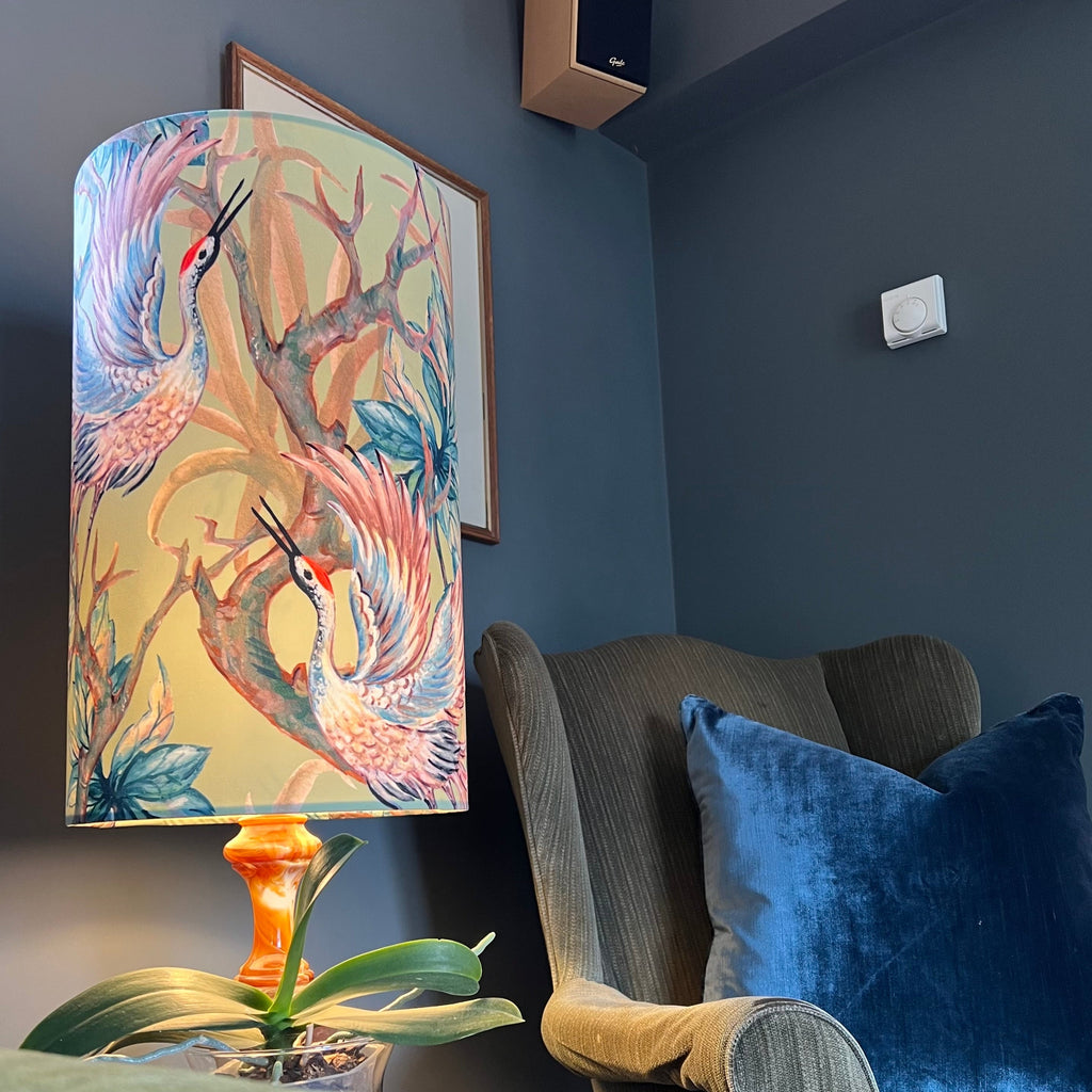 Crane birds velvet cylinder lampshade, extra tall lampshade