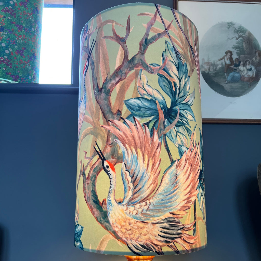 Crane birds velvet cylinder lampshade, extra tall lampshade