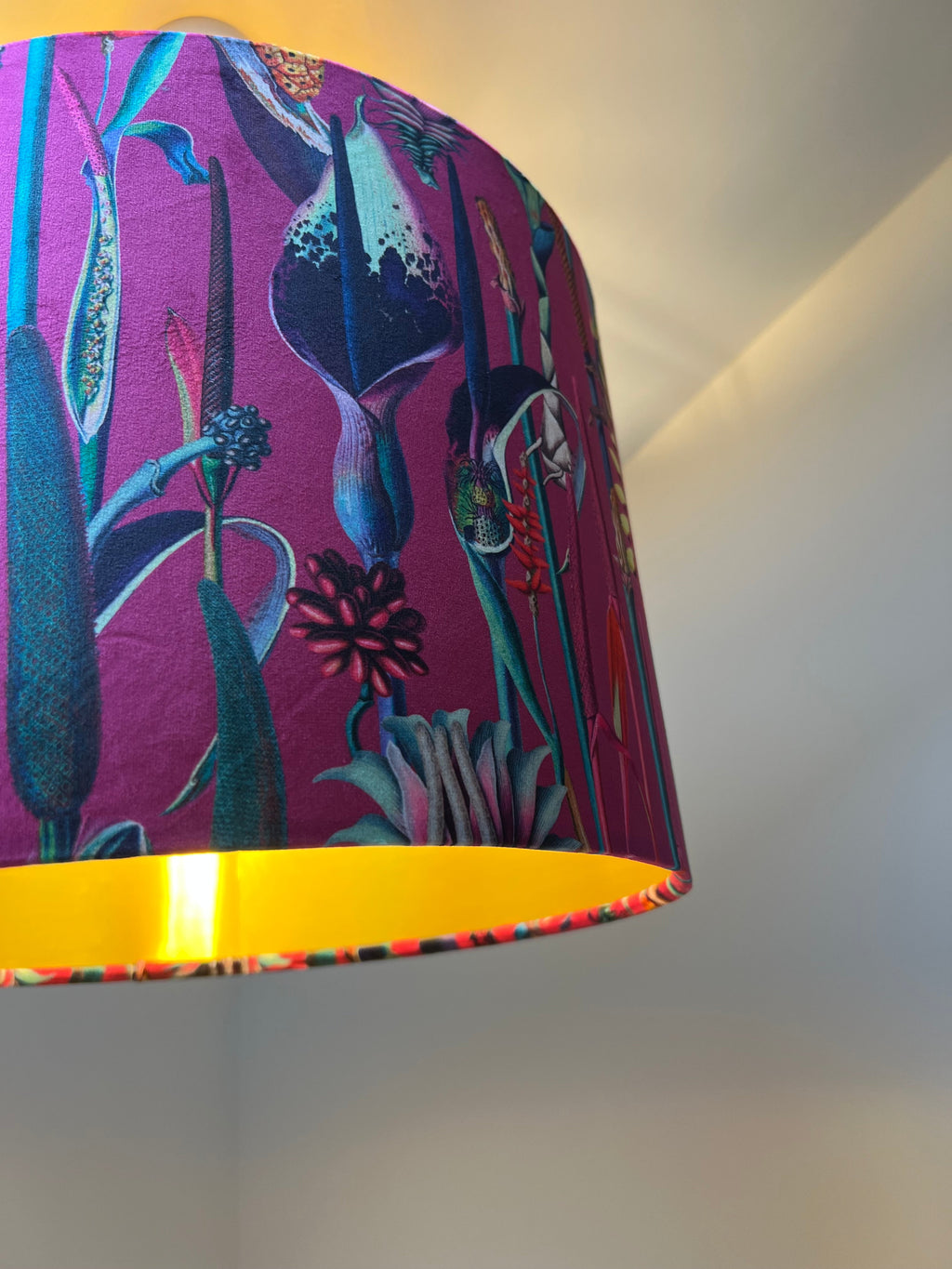 Cerise pink botanical velvet drum lampshade / ceiling shade, with a metallic brushed gold lining