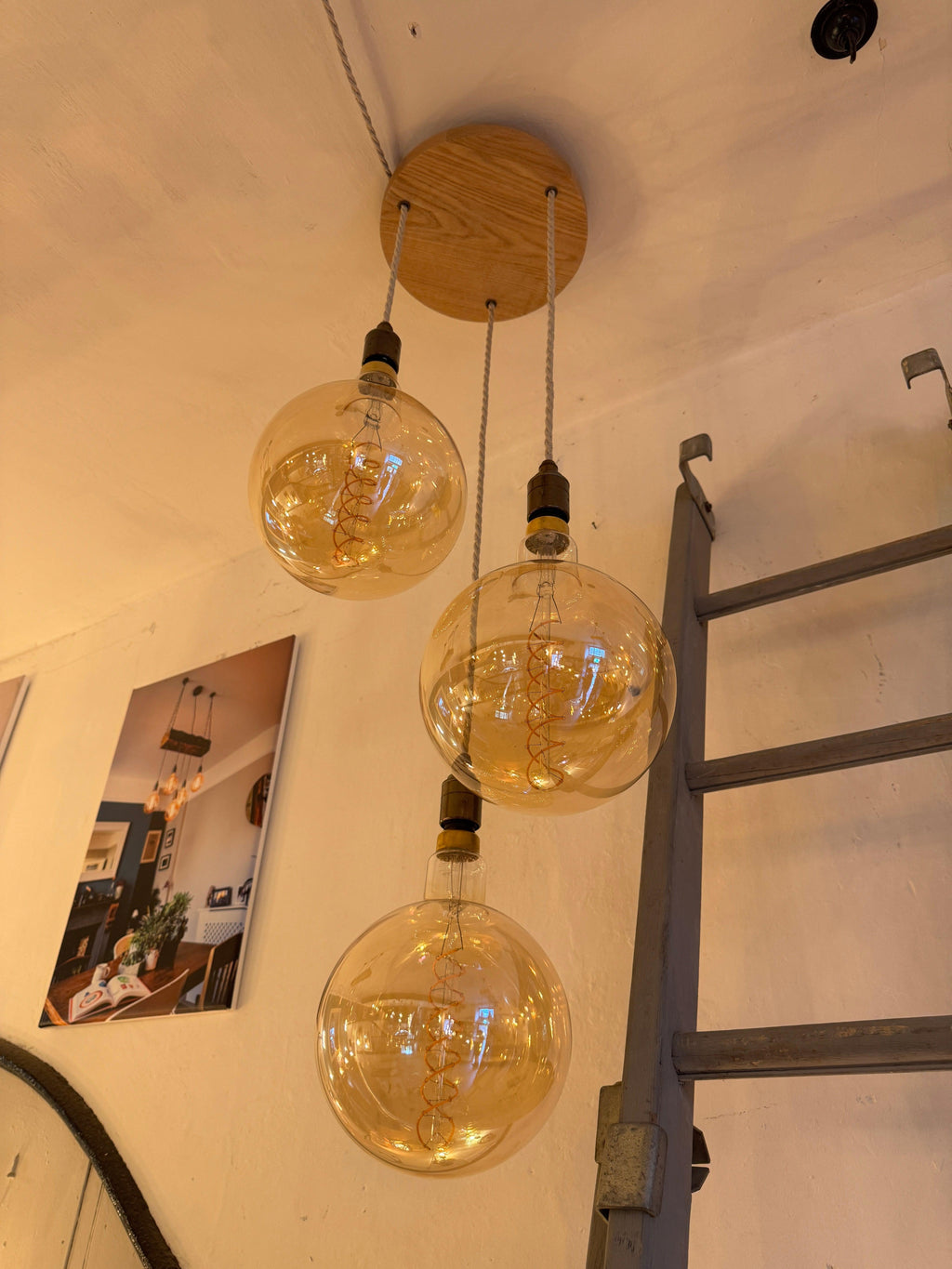 Triple Pendant Light with Oak Disc Canopy