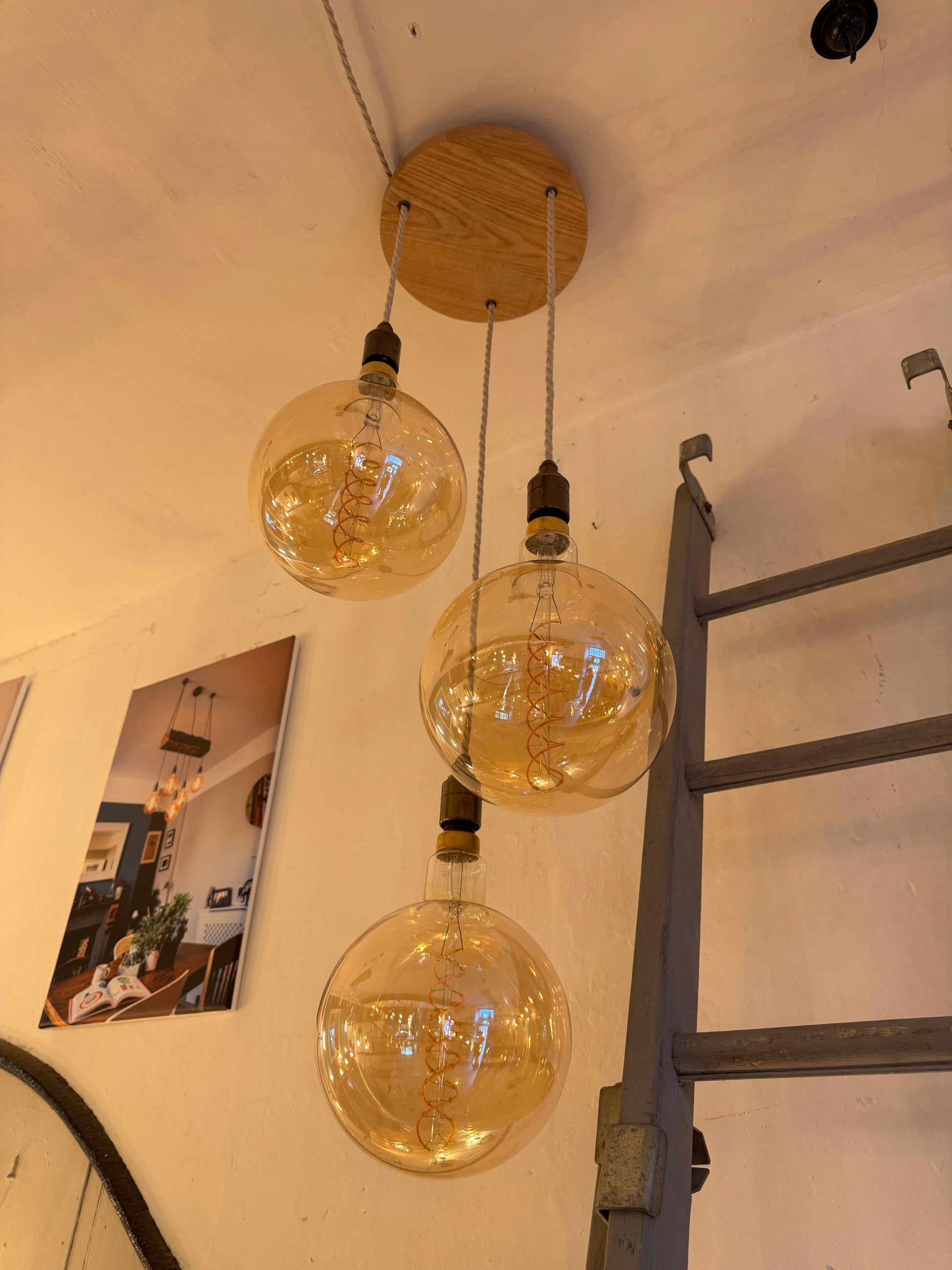 Triple Pendant Light with Oak Disc Canopy