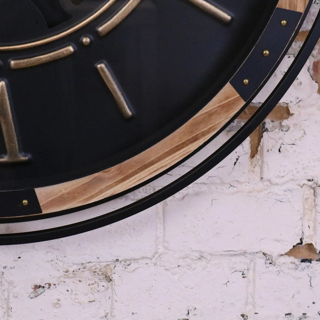 Extra Large Industrial Cog Clock Black Gold and Wood