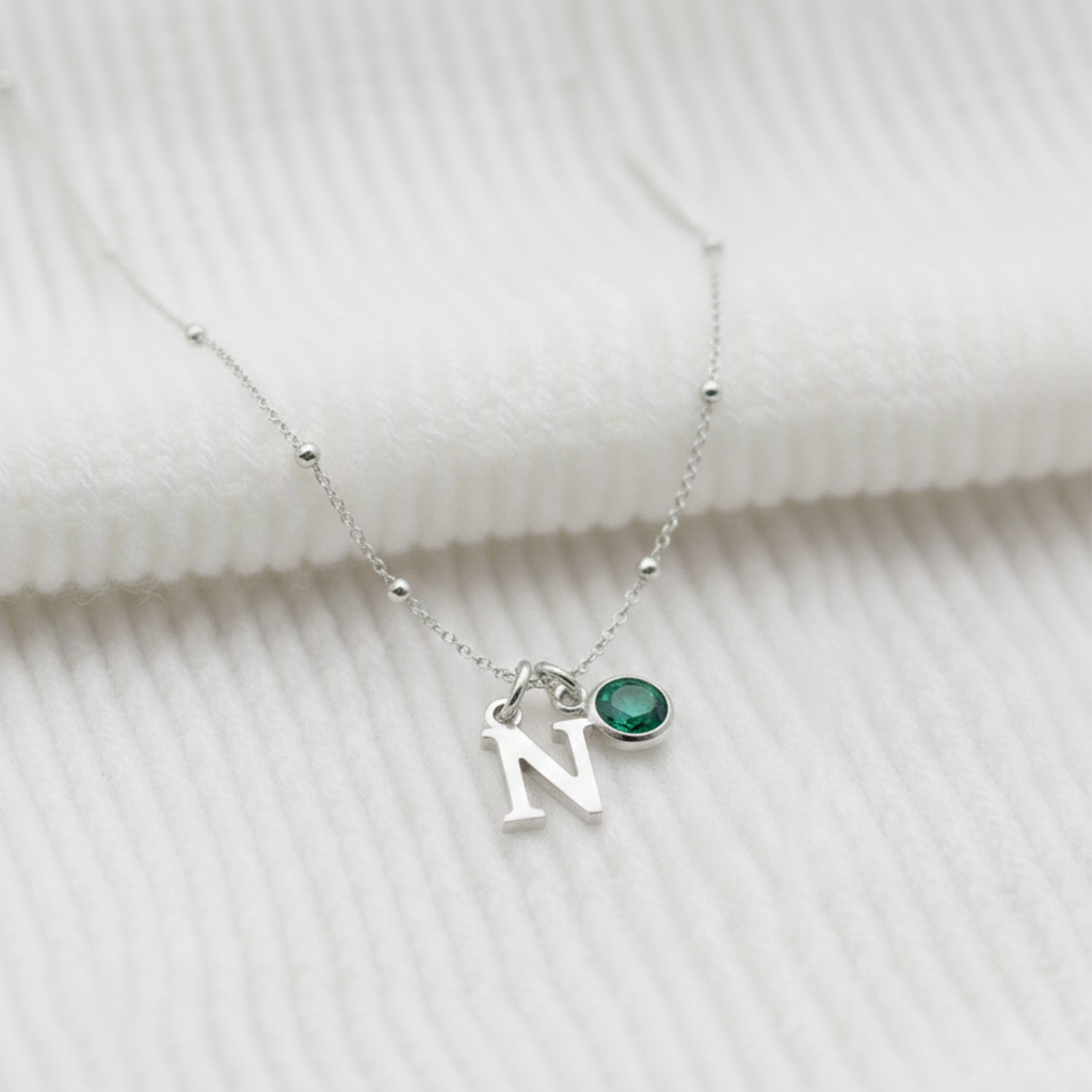 May Birthstone Initial Charm Necklace in Sterling Silver