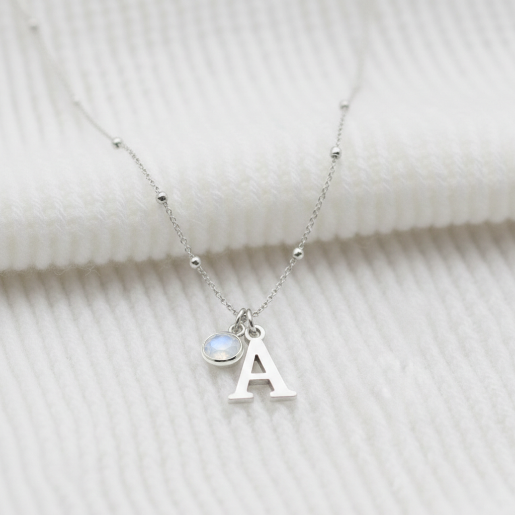 June Birthstone Necklace with Initial Charm Moonstone