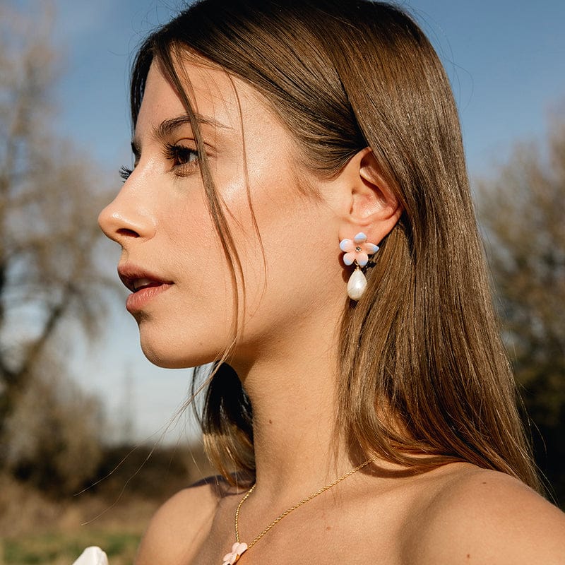Peach Lily Flower Pearl Drop Earrings in Gold