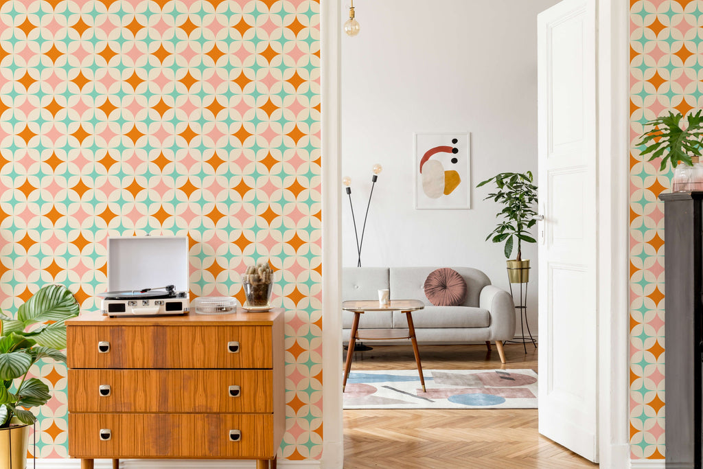 Retro Star Wallpaper in Pink, Orange and Teal