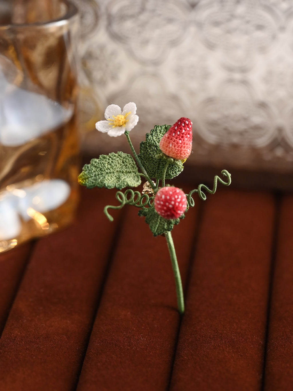 Micro Crochet Strawberry Brooch and Earrings Set