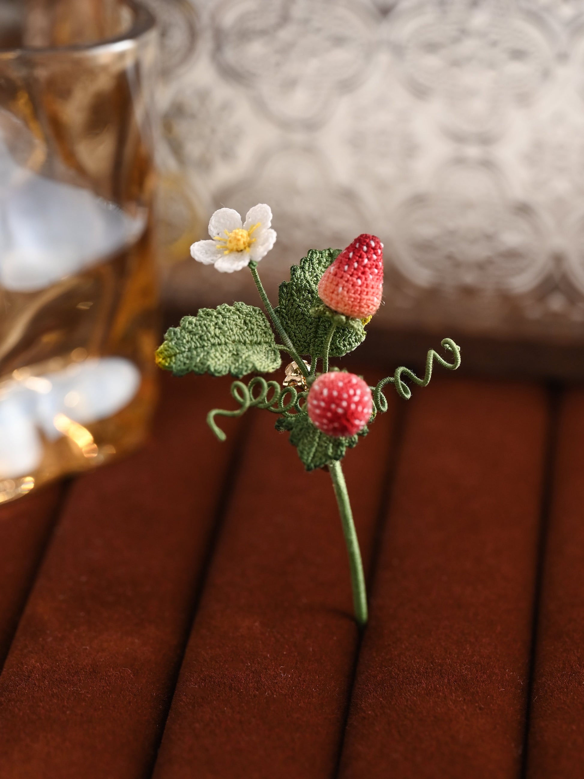 Micro Crochet Strawberry Brooch and Earrings Set