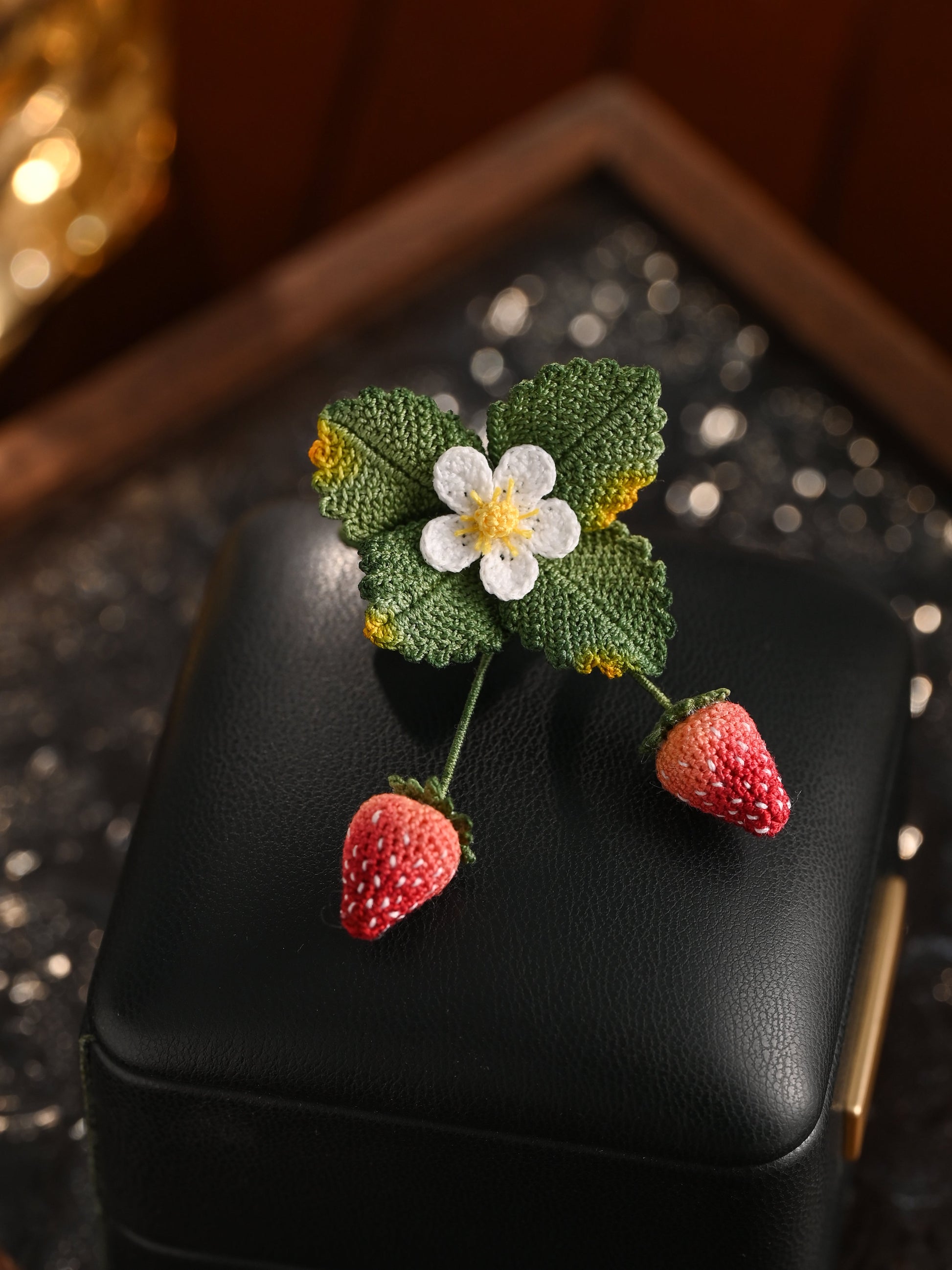 Micro Crochet Strawberry Brooch and Earrings Set