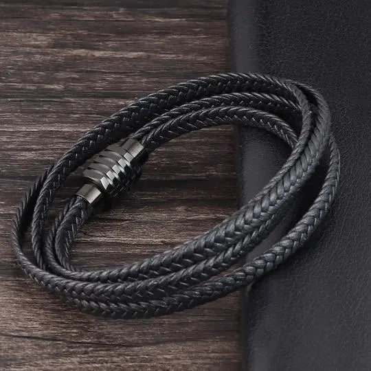 Long Black Braided Leather Bracelet with Stainless Steel Clasp