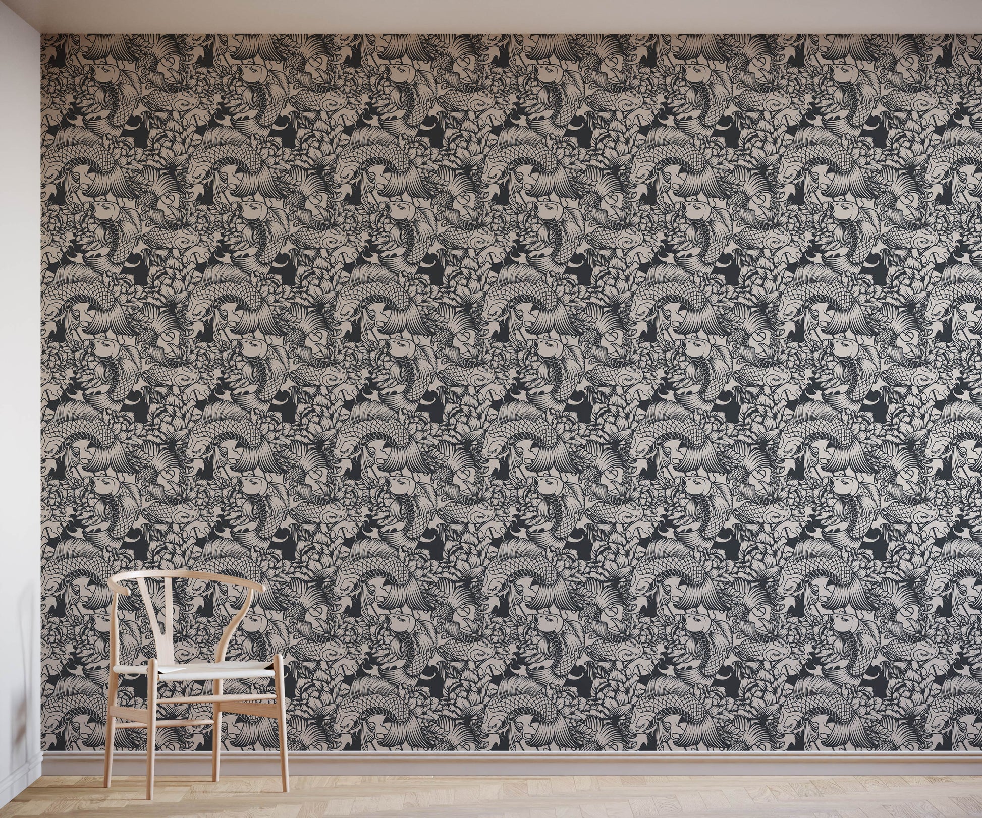 Koi Carp Statement Wallpaper in Black and White