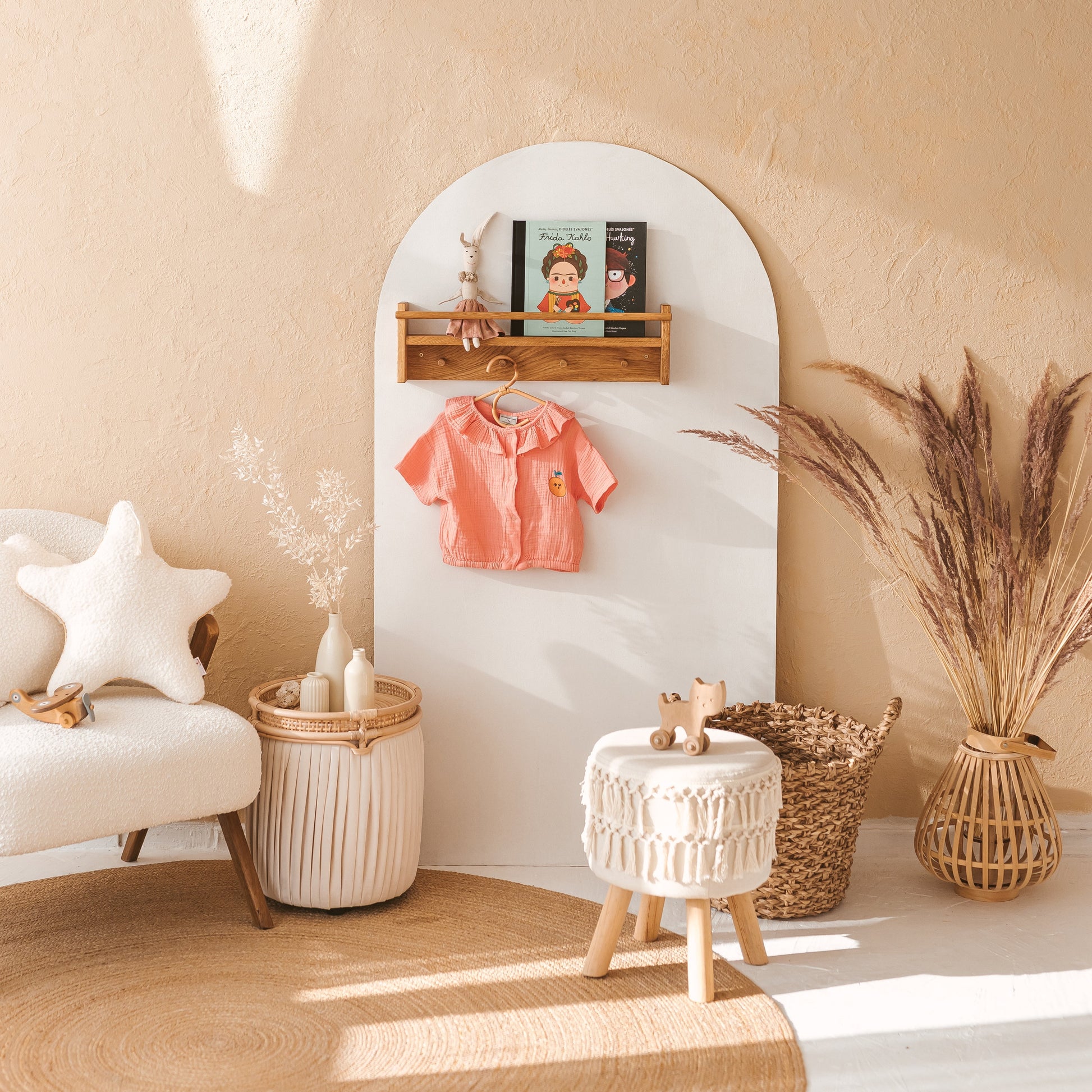 Floating Kids Bookshelf with Coat Hooks in Solid Oak