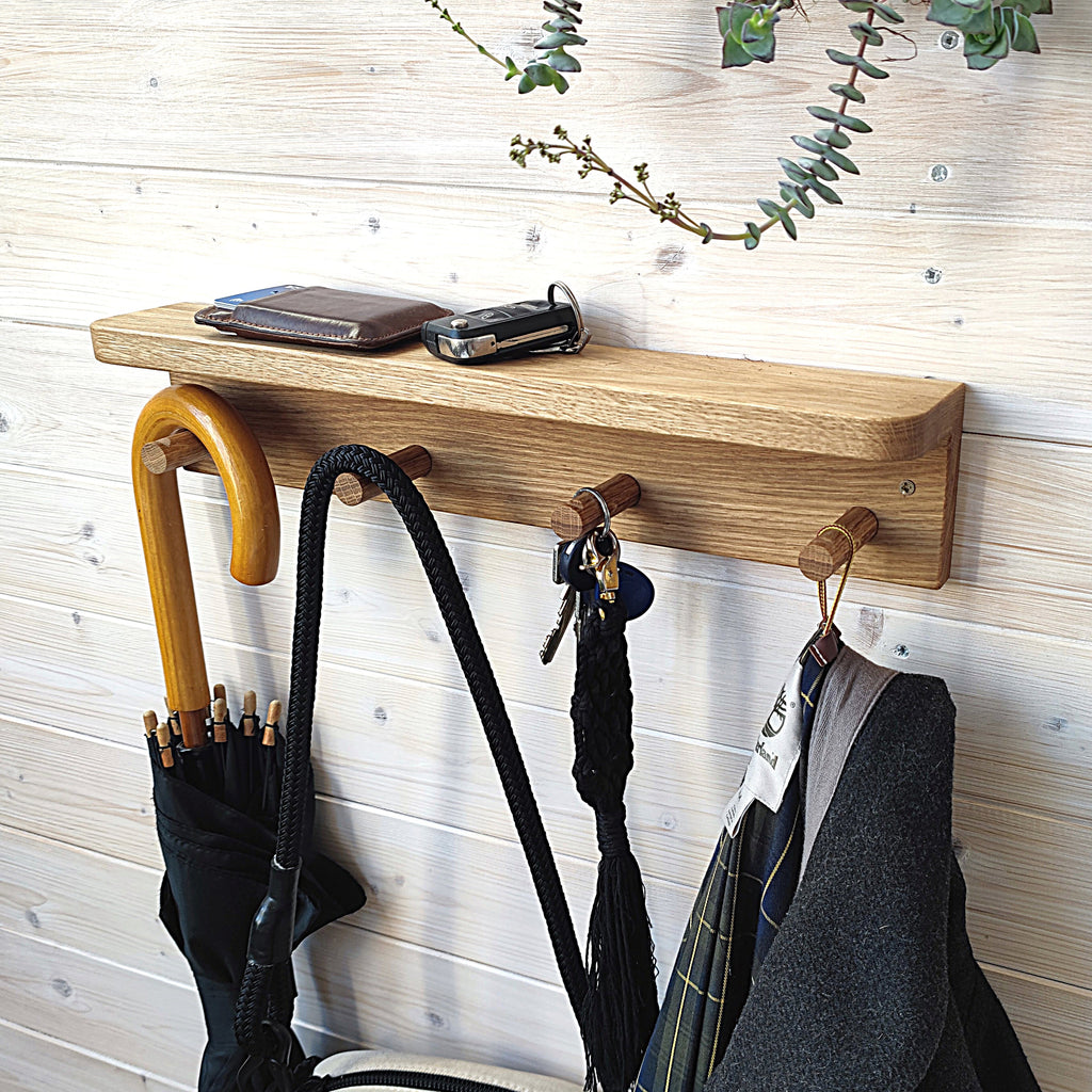 Floating Kids Bookshelf with Coat Hooks in Solid Oak