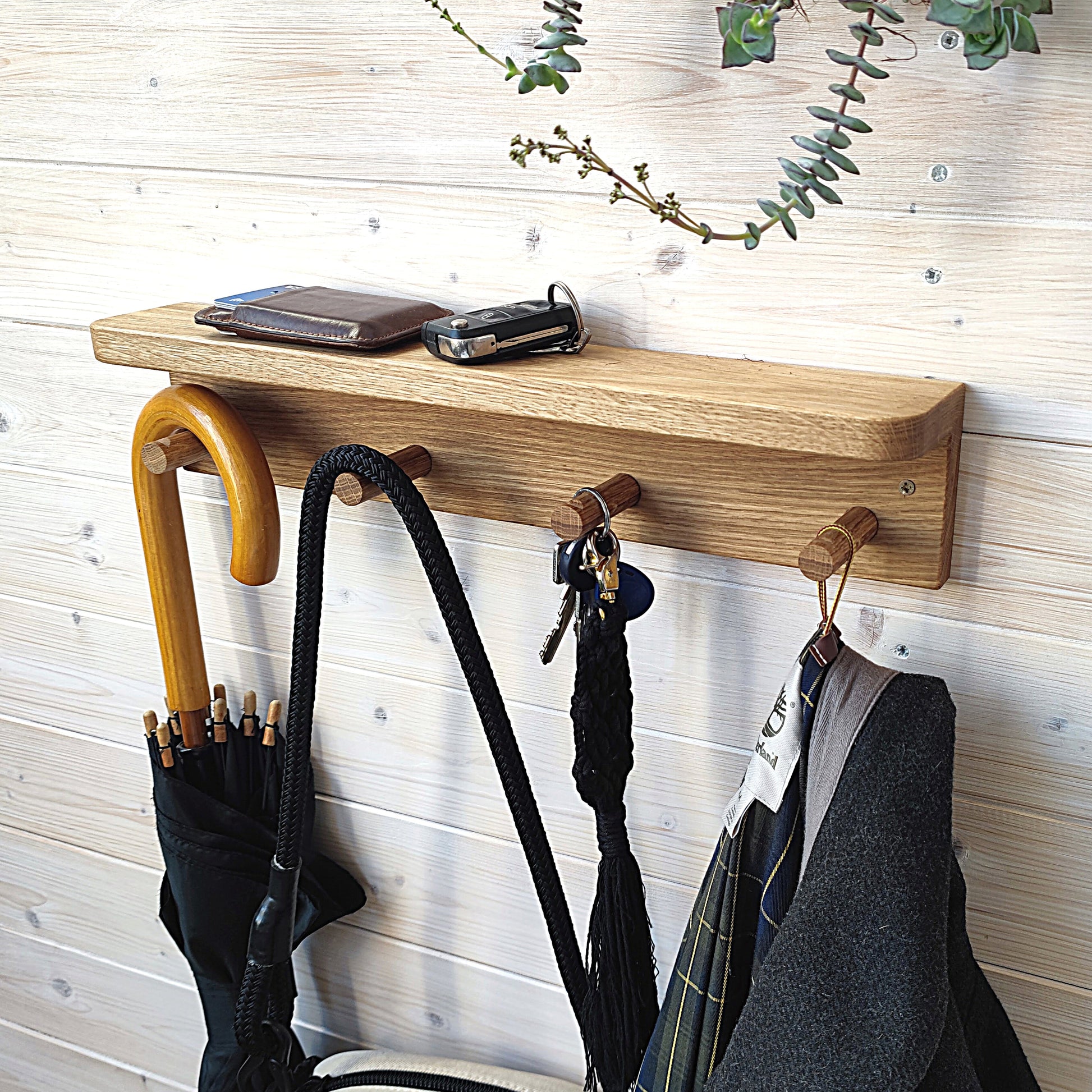 Floating Kids Bookshelf with Coat Hooks in Solid Oak