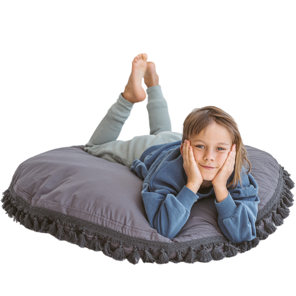 Large Floor Cushion with Tassels in Grey