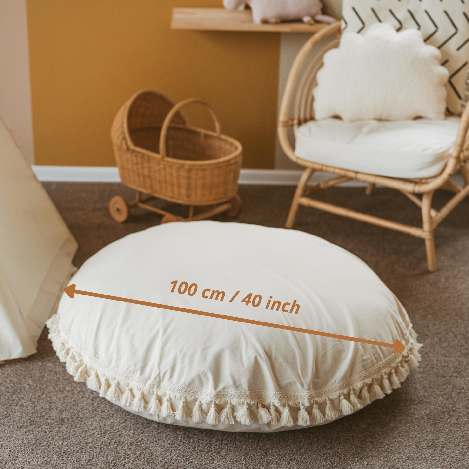 Large Floor Cushion with Tassels in Ecru