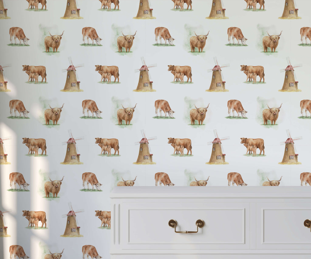 Brown Highland Cow Wallpaper with Vintage Windmills