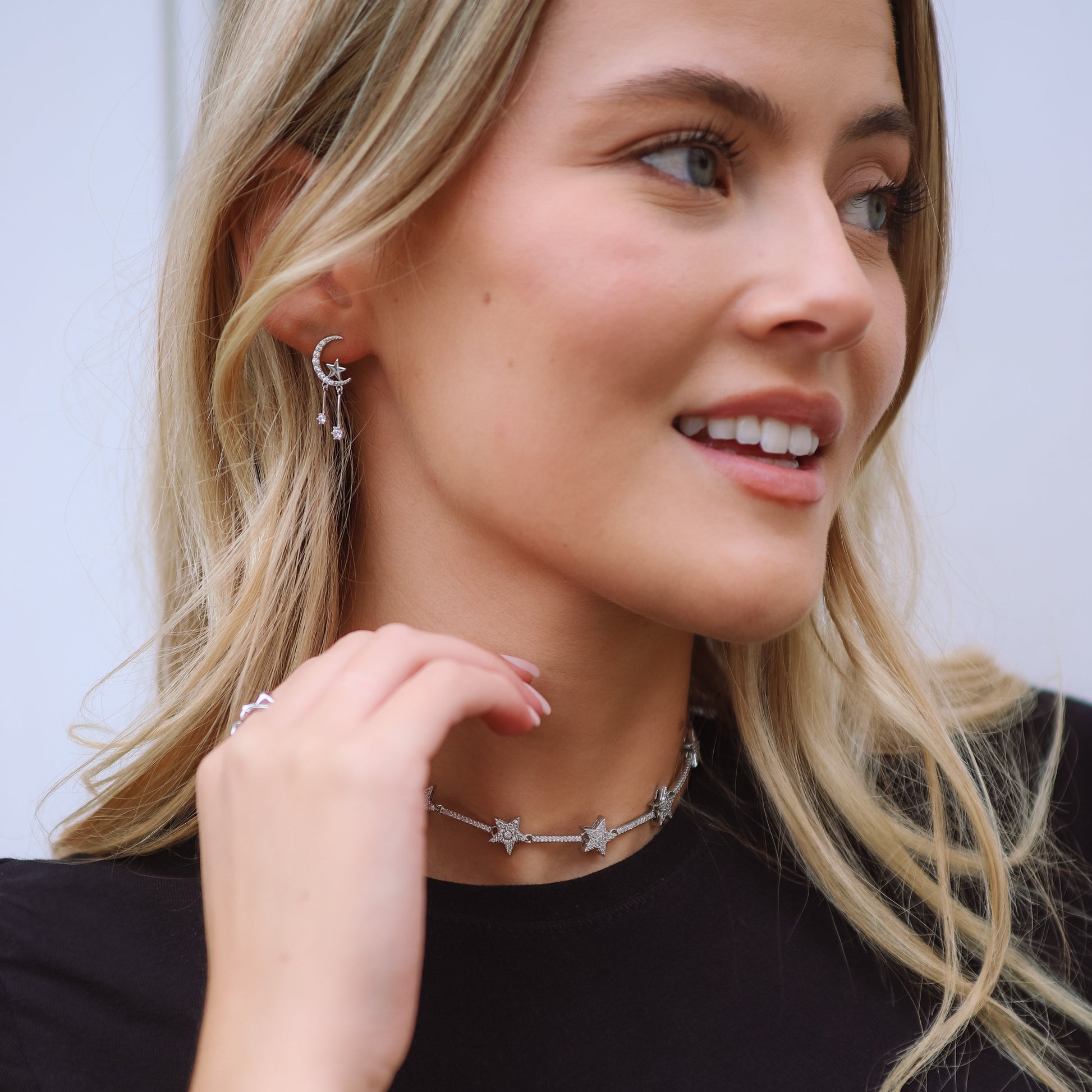 Moon and Star Drop Earrings in 925 Sterling Silver
