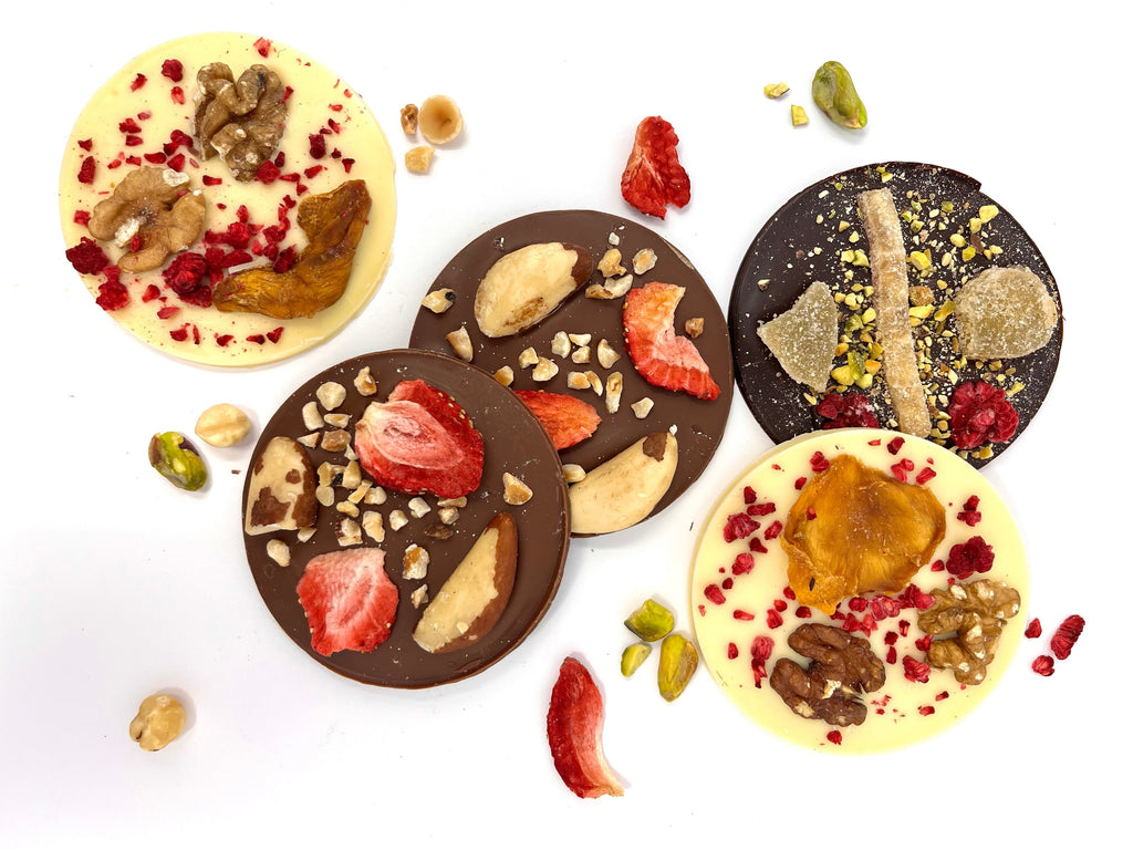 Handmade Giant White Chocolate Mendiants with Raspberries, Mango and Walnuts
