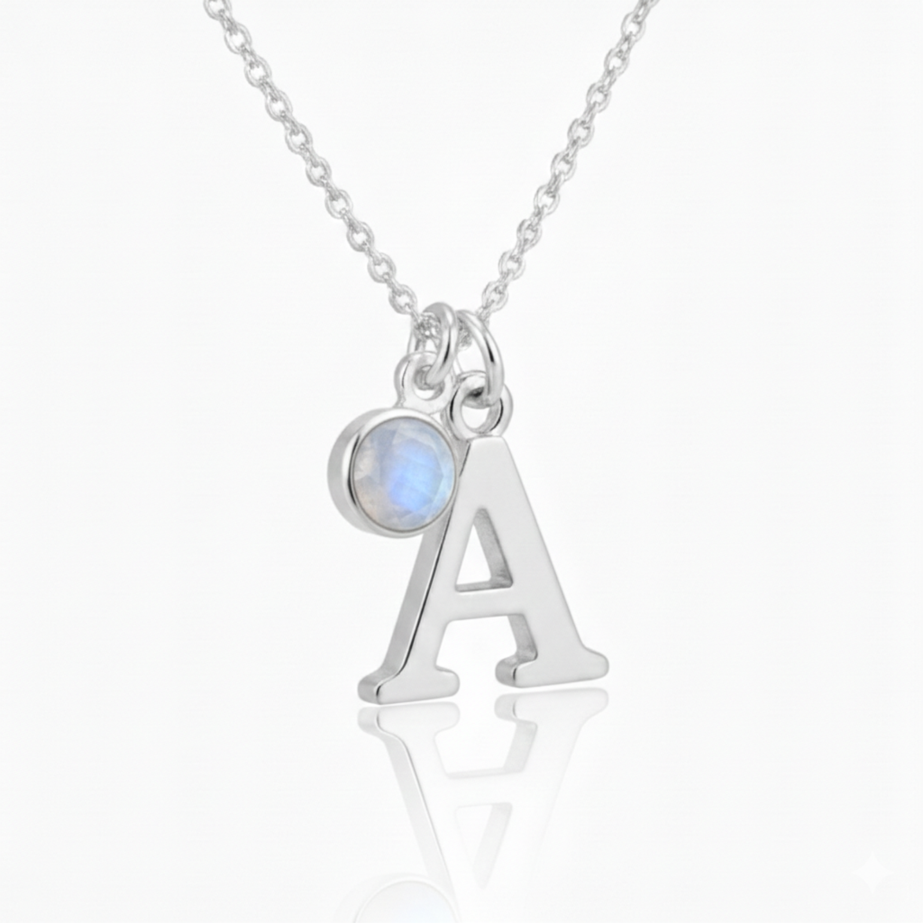 June Birthstone Necklace with Initial Charm Moonstone