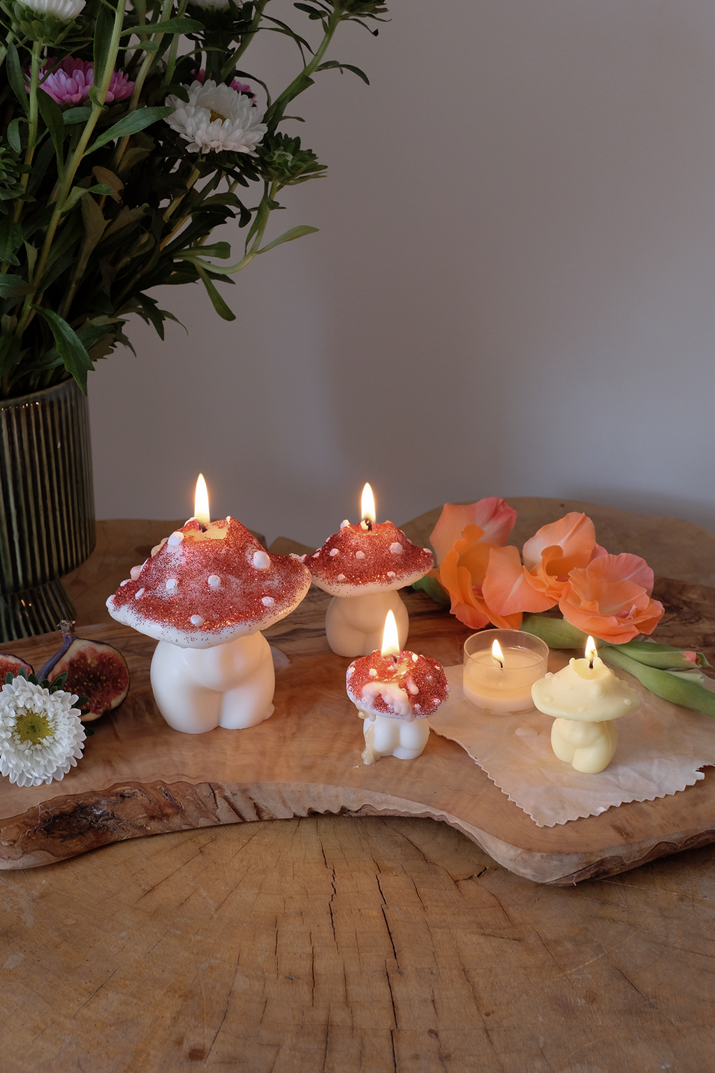 Glittery Mushroom Candles Trio