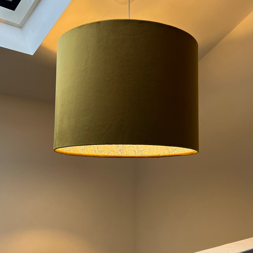 Mustard velvet drum lampshade, double sided lampshade, with William Morris blue leaves cotton interior
