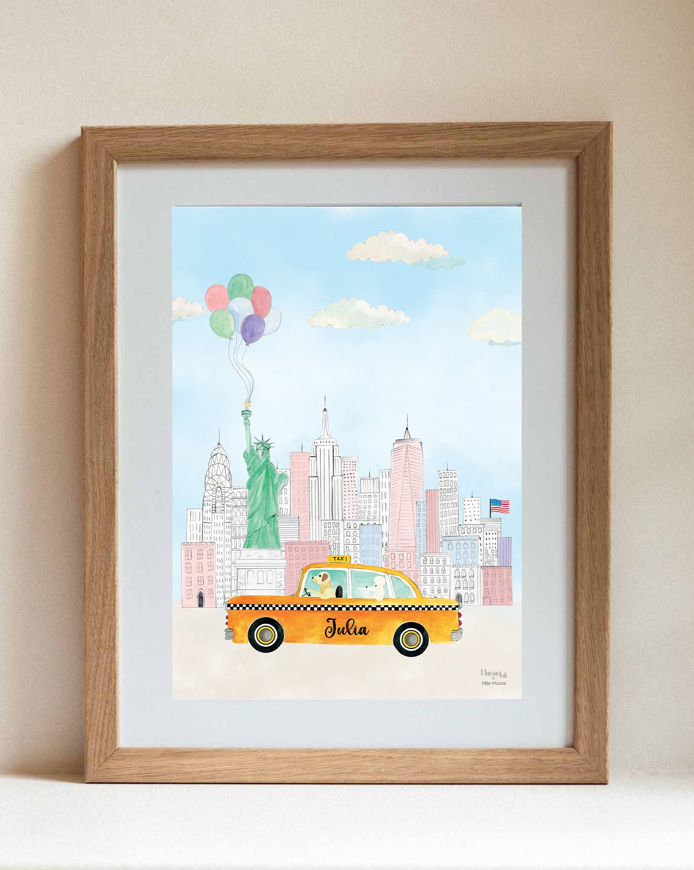 Personalised Yellow Taxi New York Print for Girls