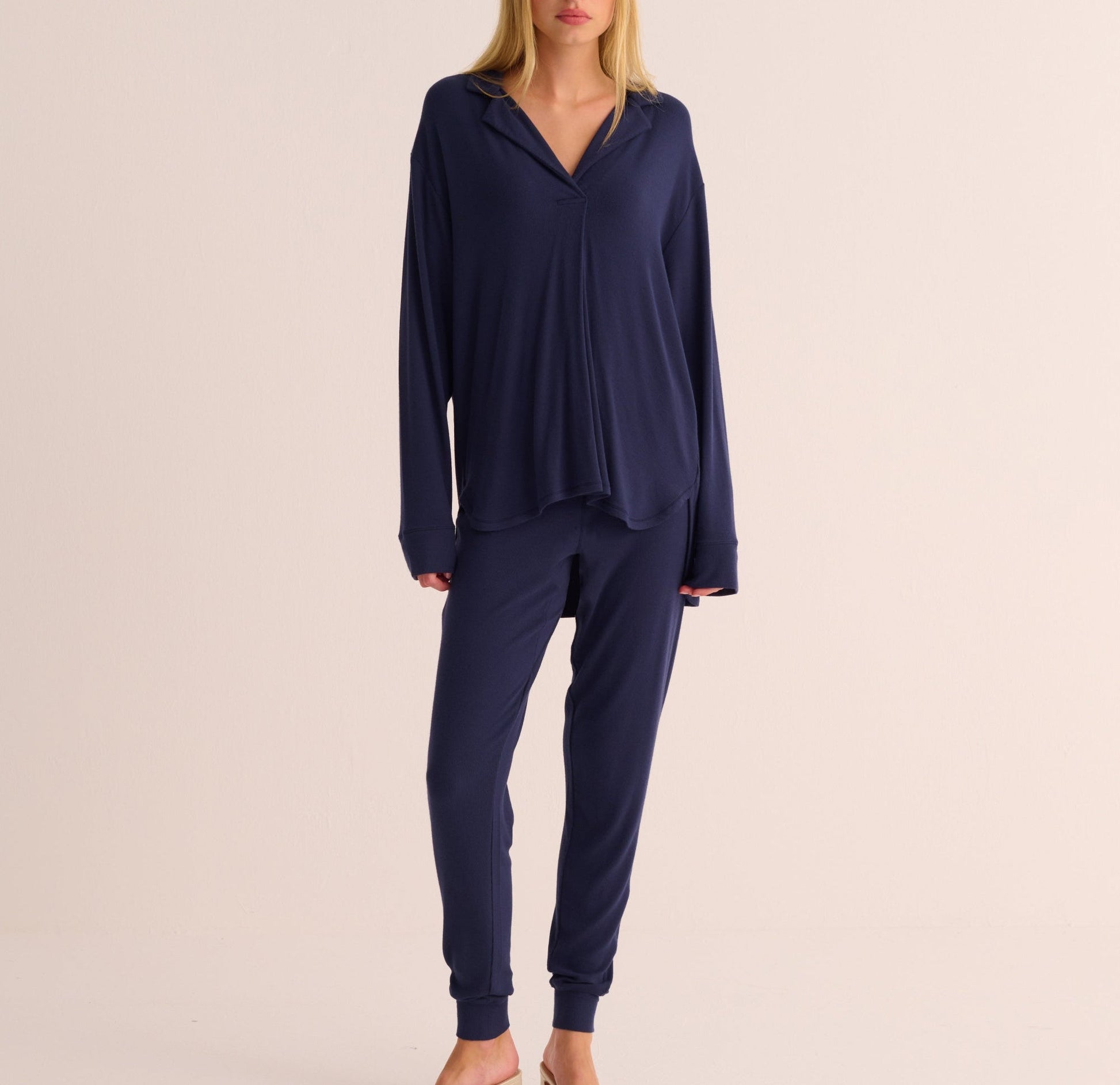 Navy Ribbed Modal Shirt and Cuffed Leggings Set