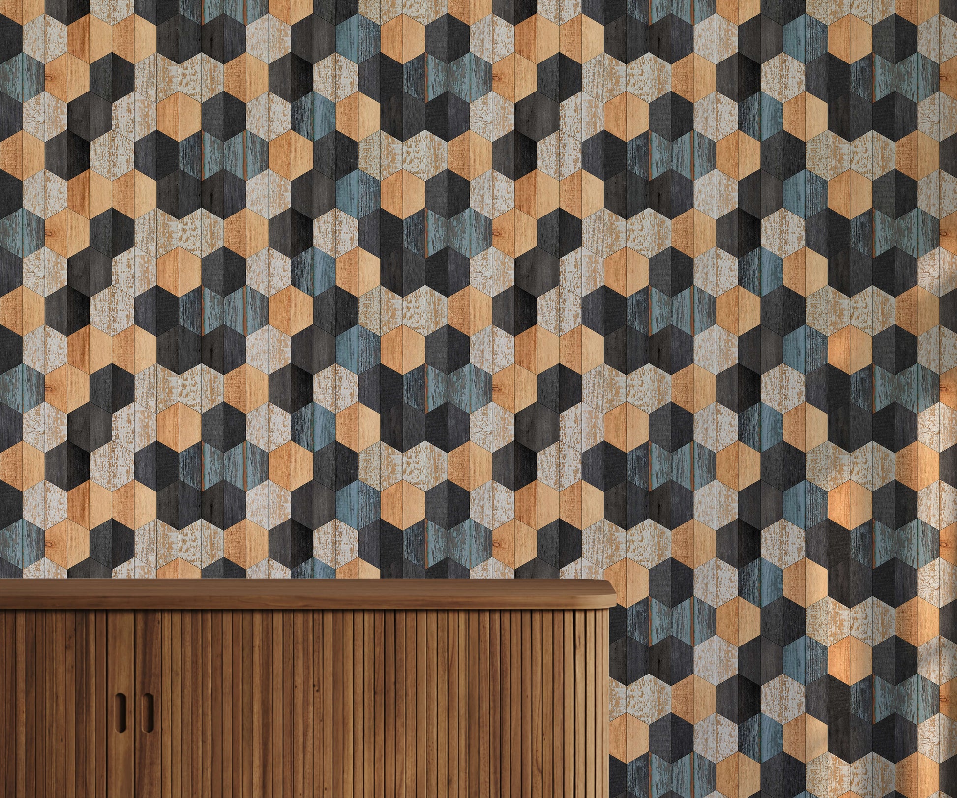 Neville Geometric Wallpaper with Faux Wood Texture