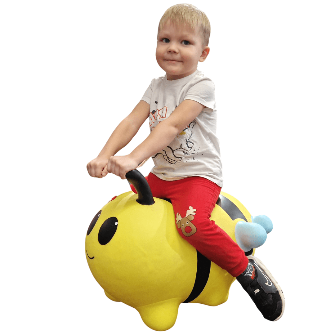 bold yellow bee hopper toy for kids on a bright background