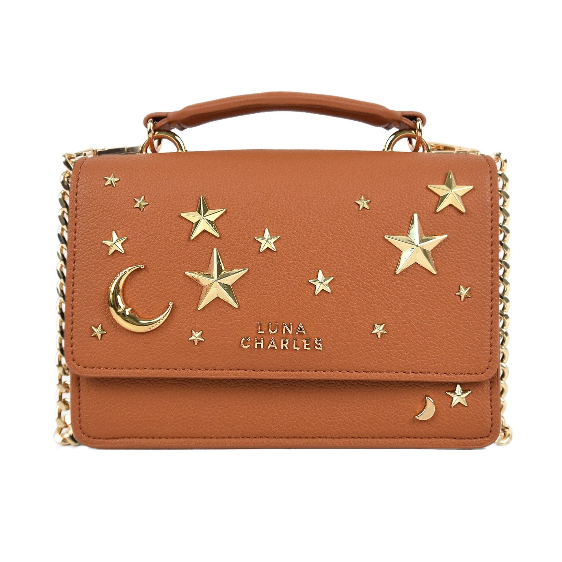 Nova Star Studded Crossbody Bag in Tan and Gold