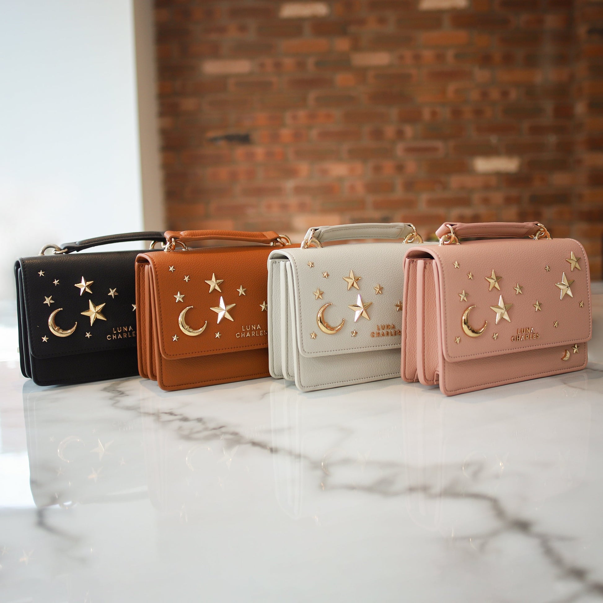 Nova Star Studded Crossbody Bag in Tan and Gold