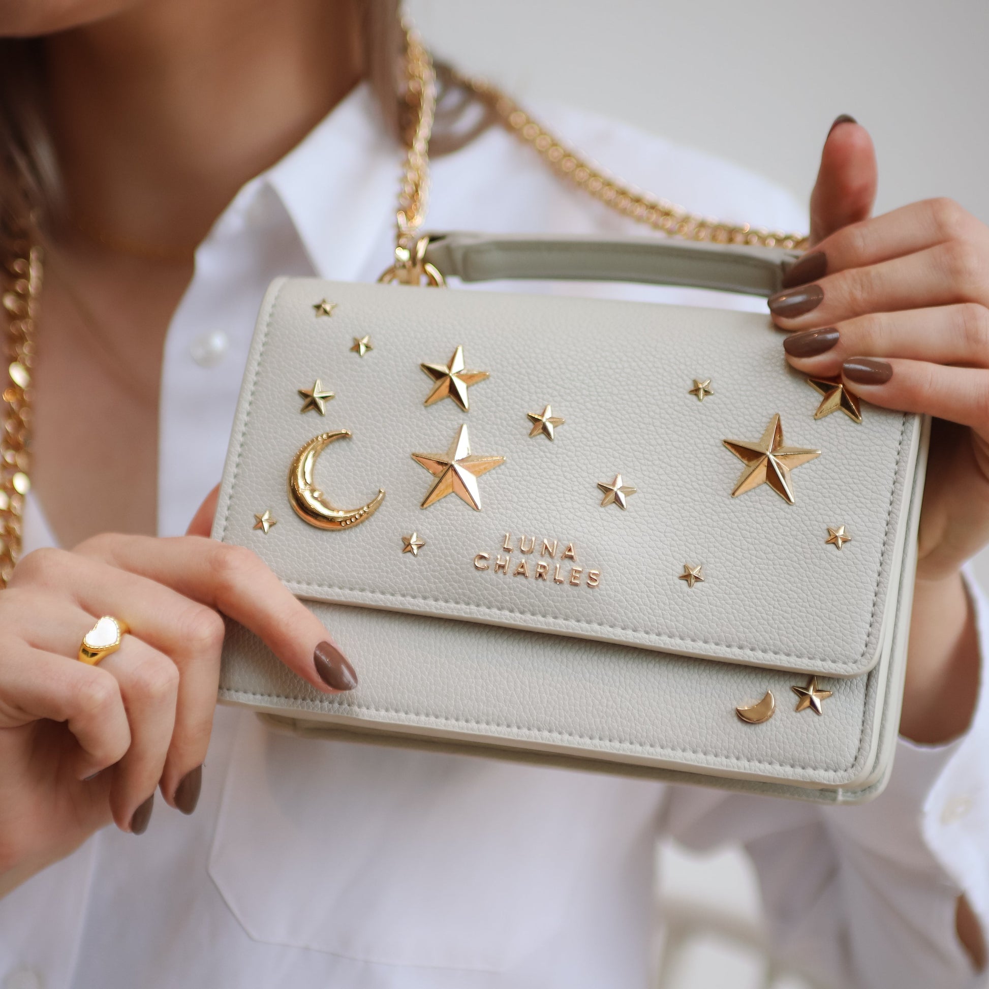 Nova Star Studded Handbag in Grey and Gold